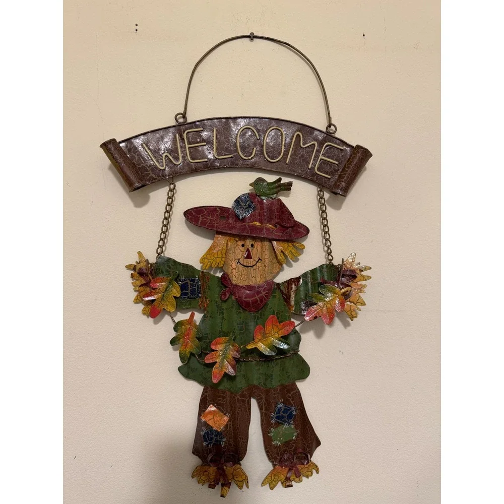 Vintage Metal Scarecrow Welcome Sign Autumn Fall Harvest Wall Hanging Decor